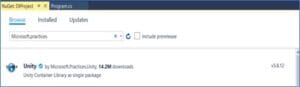 NuGet Package Manager in Visual Studio showing Microsoft Unity Framework package selected for installation in a .NET project.