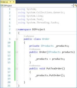 C# Order class in Visual Studio showing constructor injection of IProducts interface and method putTeaOrder calling PutOrder.