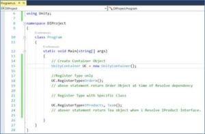 Unity container configuration in C# program for resolving dependencies by registering types and creating container object in Main method.