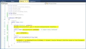 Modified Order class in Visual Studio injecting IUnityContainer and using string parameter to resolve IProducts implementation at runtime.