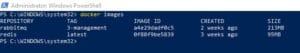 PowerShell window showing Docker images command output listing RabbitMQ and Redis images with tags, IDs, creation dates, and sizes.