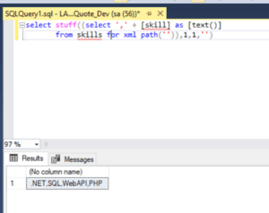 SQL Server query using STUFF and FOR XML PATH to concatenate multiple skill values into one comma-separated result string.