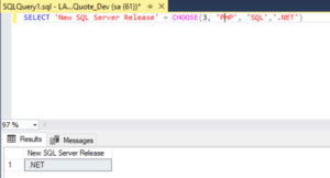 SQL Server query using CHOOSE function to select the third value from a list, returning '.NET' as the selected result in the output.