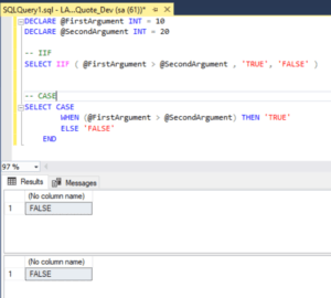 SQL Server comparison of IIF and CASE statements evaluating if one integer is greater than another; both return 'FALSE' as result.