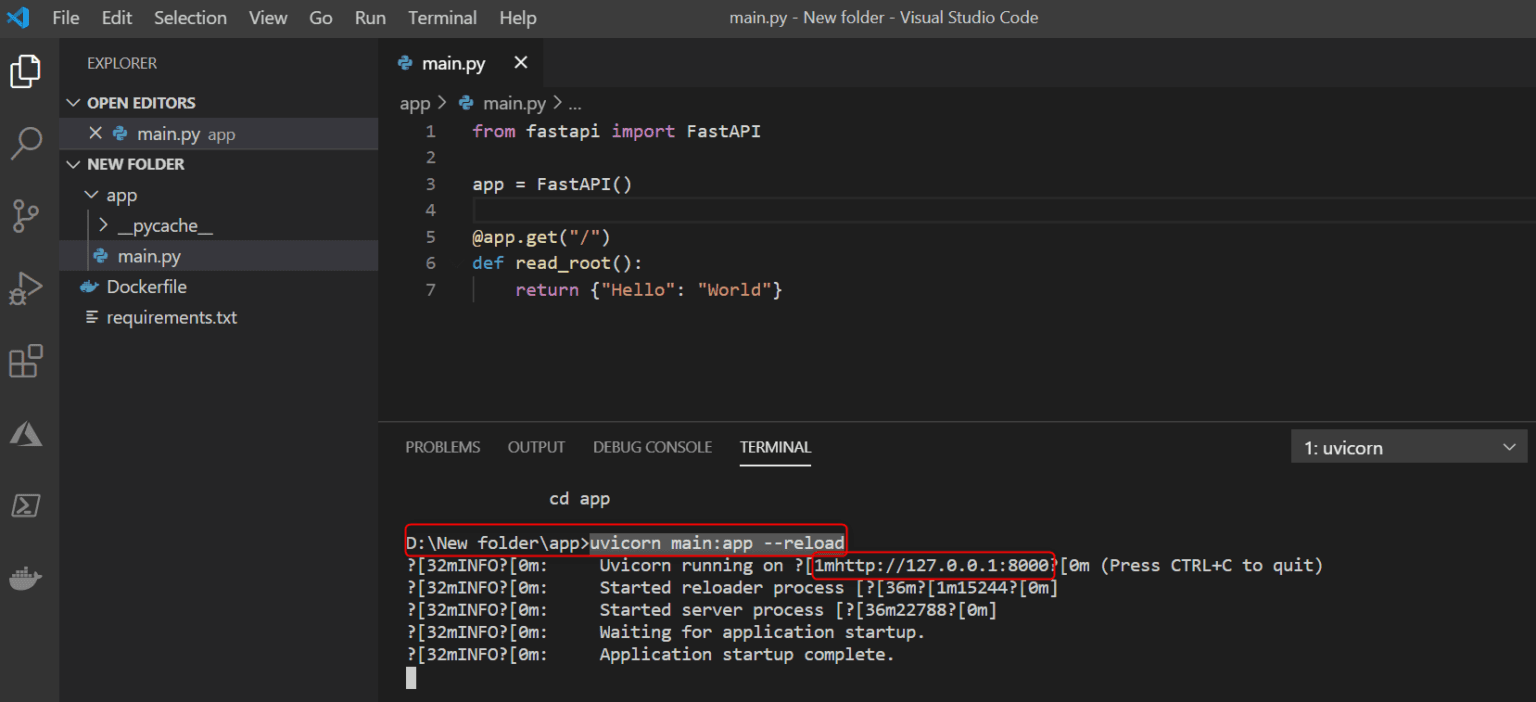 Running a FastAPI App Using Uvicorn in Visual Studio Code FastAPI app running in Visual Studio Code terminal using Uvicorn on localhost:8000, displaying startup messages and endpoint status.