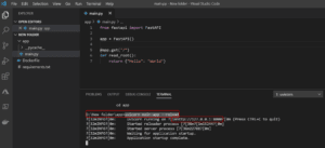 FastAPI app running in Visual Studio Code terminal using Uvicorn on localhost:8000, displaying startup messages and endpoint status.