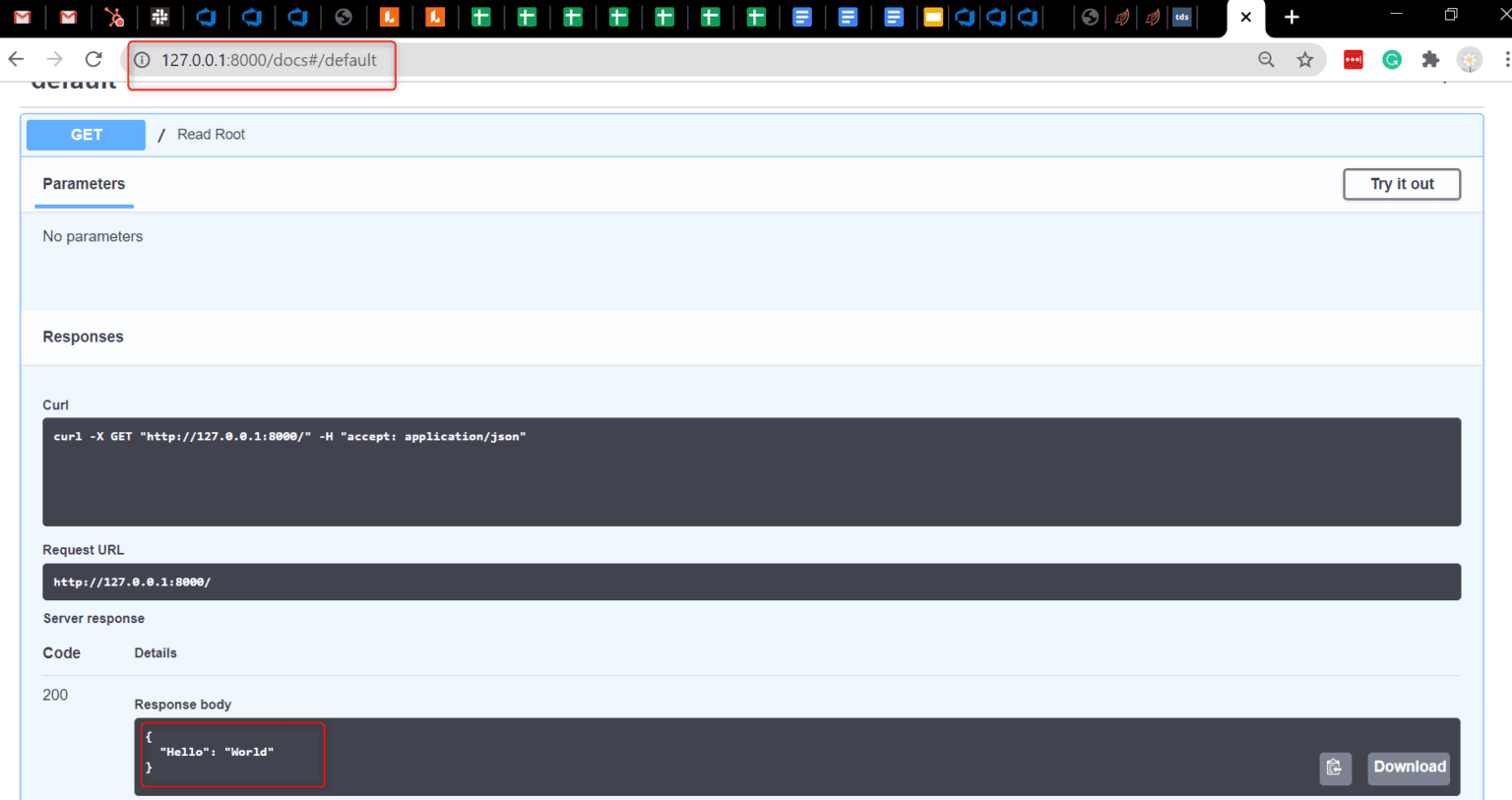 Swagger UI and ReDoc Access in FastAPI Application FastAPI Swagger UI on localhost:8000/docs showing API endpoint response and access to ReDoc at localhost:8000/redoc.