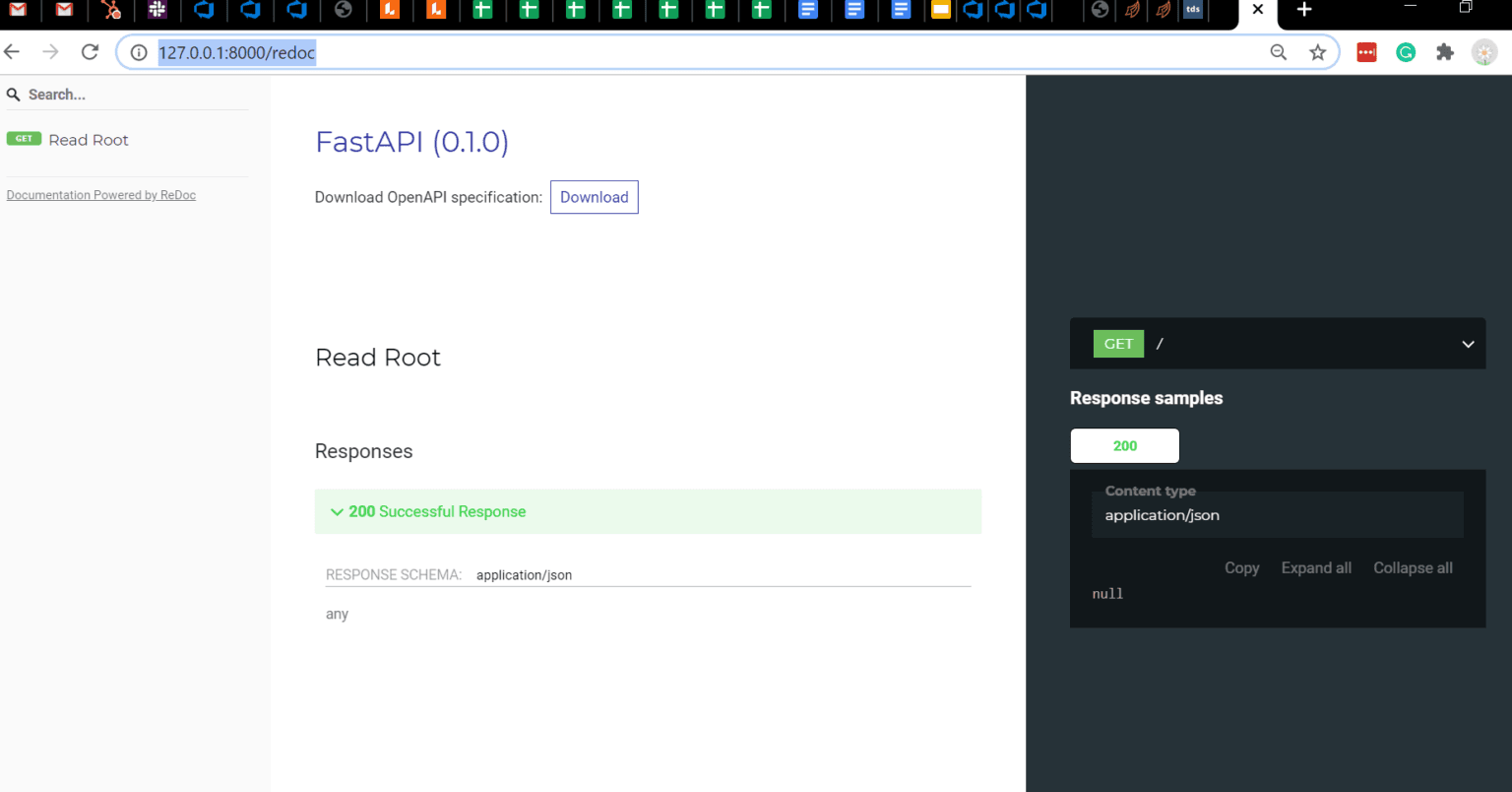 FastAPI ReDoc Documentation Interface FastAPI ReDoc interface at http://127.0.0.1:8000/redoc showing Read Root endpoint with 200 success response and JSON schema.