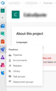 Azure DevOps project interface showing the Pipelines menu expanded with options like Environments, Releases, and Deployment groups.