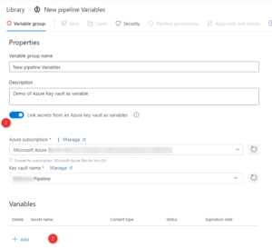 Azure DevOps interface showing a new variable group linking secrets from Azure Key Vault, including subscription and key vault selection.