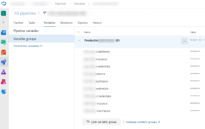Azure DevOps pipeline variable group showing linked secrets like usernames, instances, and credentials used securely in a release pipeline.