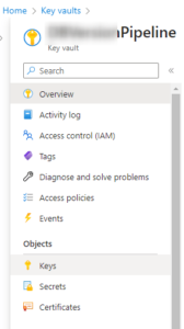 Screenshot of Azure Key Vault navigation panel showing options like overview, keys, secrets, certificates, and access control.