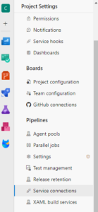 Screenshot of Azure DevOps Project Settings menu showing options for boards, pipelines, service connections, and project configuration.