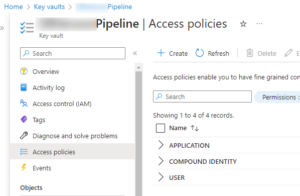 Azure Key Vault access policies page showing a list of configured identities with options to create, refresh, or edit permissions.