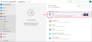 Azure DevOps pipeline template selection screen showing YAML configuration option highlighted with the Apply button on the right.
