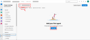 Azure DevOps screen showing how to add a new agent to a selected agent pool using the "New agent" button under the Agents tab.