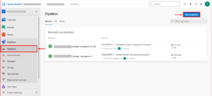 Azure DevOps Pipelines dashboard showing recent CI/CD pipeline runs and option to create a new pipeline in the project.