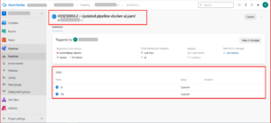 Azure DevOps pipeline run summary showing job details for CI and CD stages with the commit message "Updated pipeline-docker-ui.yaml".