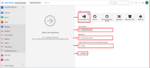 Azure DevOps pipeline setup screen showing repository selection from Azure Repos Git with team project, repository, and branch.