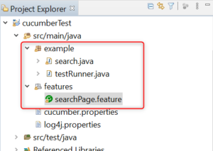 Eclipse project structure showing Maven setup with Java files under example and feature file under features package.