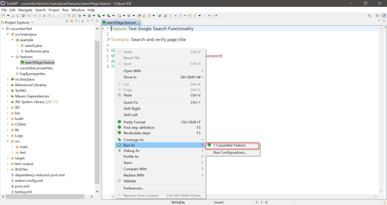 Executing Cucumber Feature File in Eclipse Eclipse IDE showing a right-click menu with the option to run a Cucumber feature file using "Run As > 1 Cucumber Feature".