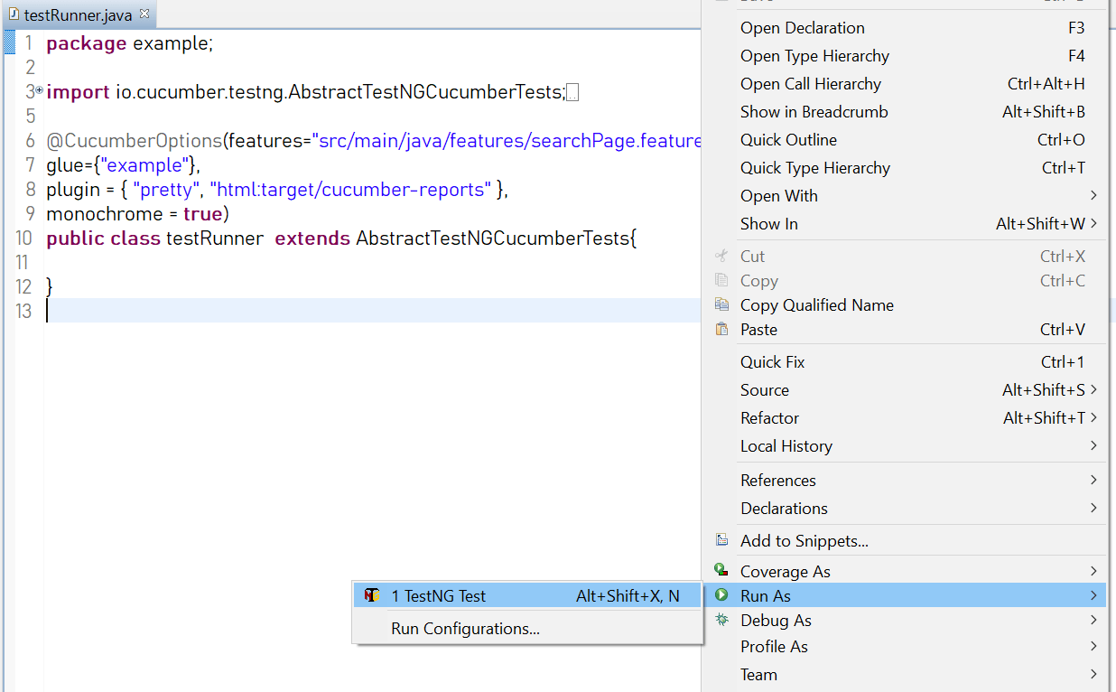 7.Create-a-runner-class-to-run-single-multiple-feature-files.Runt-it-as-TestNG-Junit