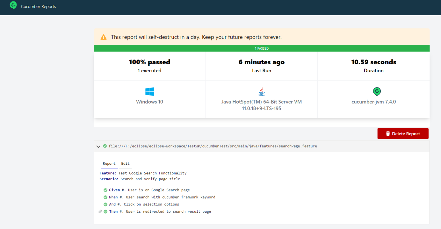 Cucumber Automation Test Report Overview Cucumber test report showing one test executed with 100 percent pass rate, executed on Windows 10 with Java and Cucumber JVM.