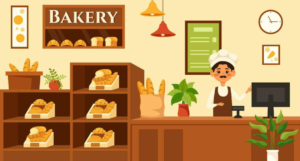 Smiling baker behind the counter in a cozy bakery filled with bread loaves, plants, and a computer for managing sales and marketing.
