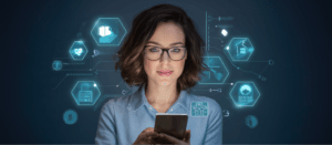 Woman using smartphone while surrounded by digital AI and technology icons representing smart devices, automation, and innovation.