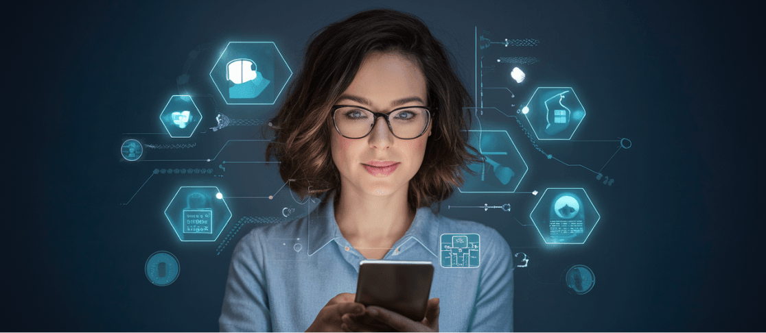 Woman using smartphone while surrounded by digital AI and technology icons representing smart devices, automation, and innovation.
