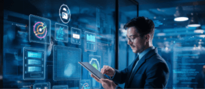 Business professional using a digital tablet to analyze data visualizations on a futuristic dashboard in a high-tech control room.