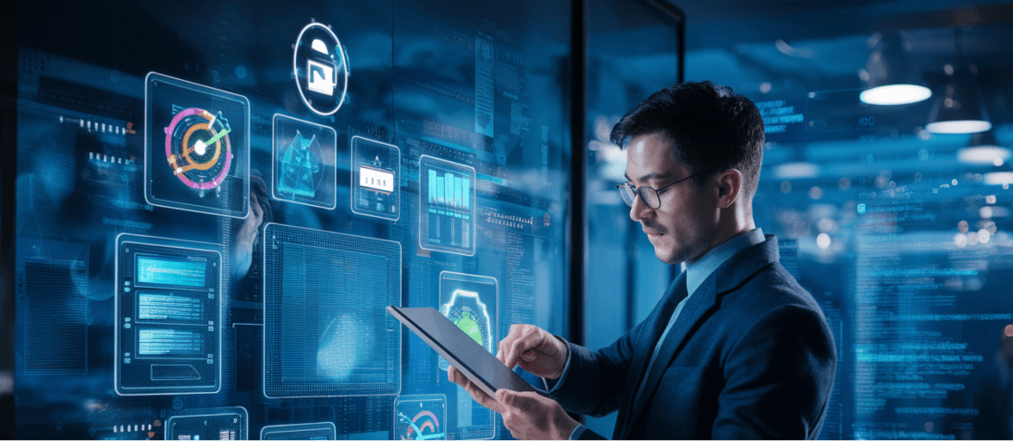 Business professional using a digital tablet to analyze data visualizations on a futuristic dashboard in a high-tech control room.