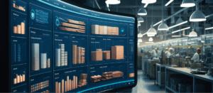 Digital dashboard with production analytics in a smart factory showing real-time data and automated manufacturing operations.