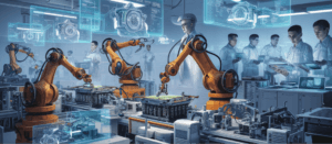 Engineers working with robotic arms in a high-tech smart factory using holographic interfaces for advanced manufacturing and automation.