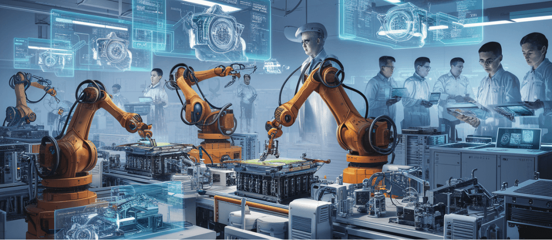 Engineers working with robotic arms in a high-tech smart factory using holographic interfaces for advanced manufacturing and automation.