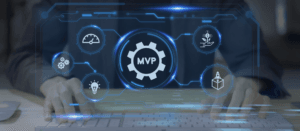 Businessperson typing with MVP (Minimum Viable Product) concept icons including innovation, speed, growth, and security in a tech overlay.