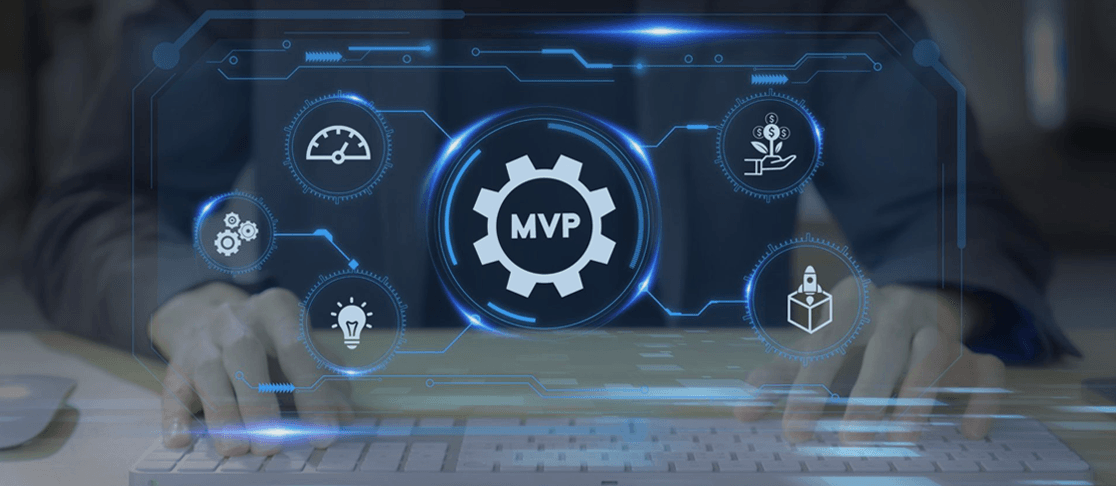 Businessperson typing with MVP (Minimum Viable Product) concept icons including innovation, speed, growth, and security in a tech overlay.