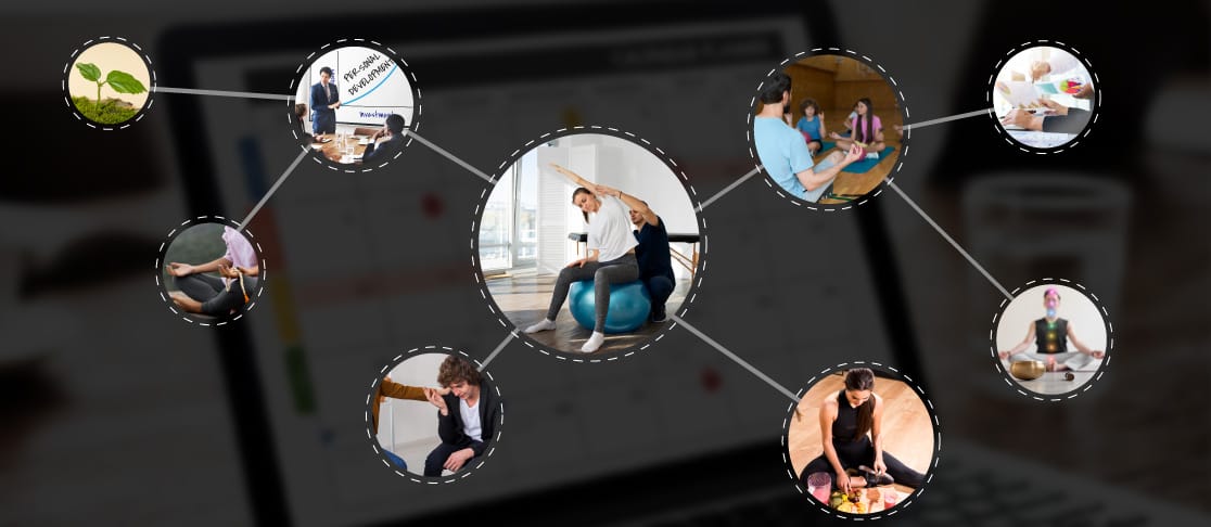 Connected images representing wellness activities like fitness, yoga, counseling, nutrition, and skill development on a calendar.