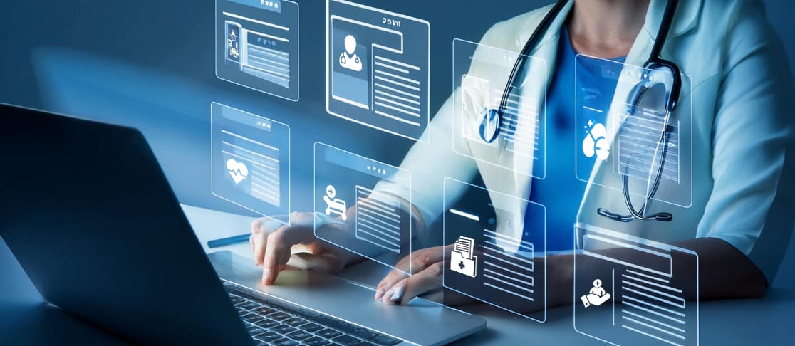 Doctor accessing digital medical records on a laptop with floating health data icons, representing modern healthcare technology.