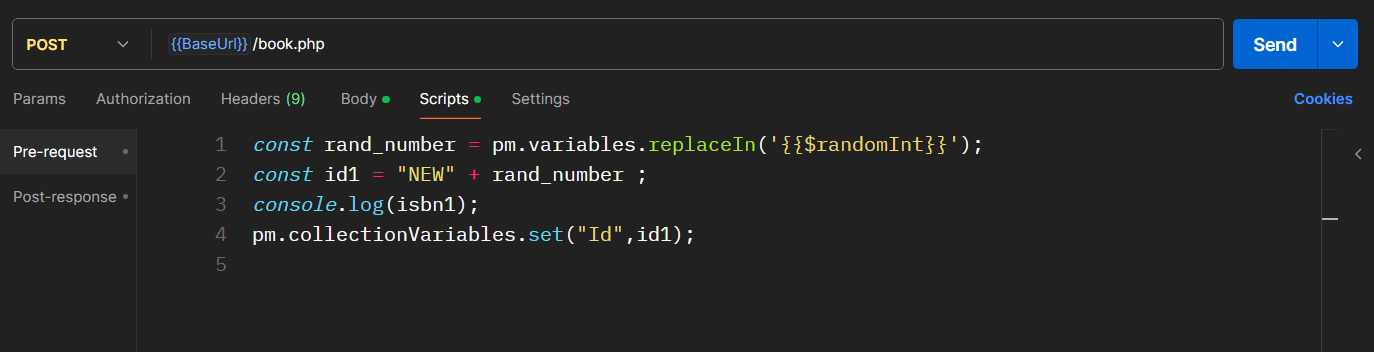 Dynamic ID Generation in Pre-request Script with Postman Postman pre-request script setting dynamic ID using random number and saving it as a collection variable for API test automation.