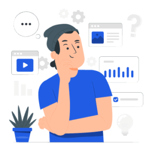 Illustration of a person thinking with data and analysis icons, representing MVP development strategy and decision-making process.
