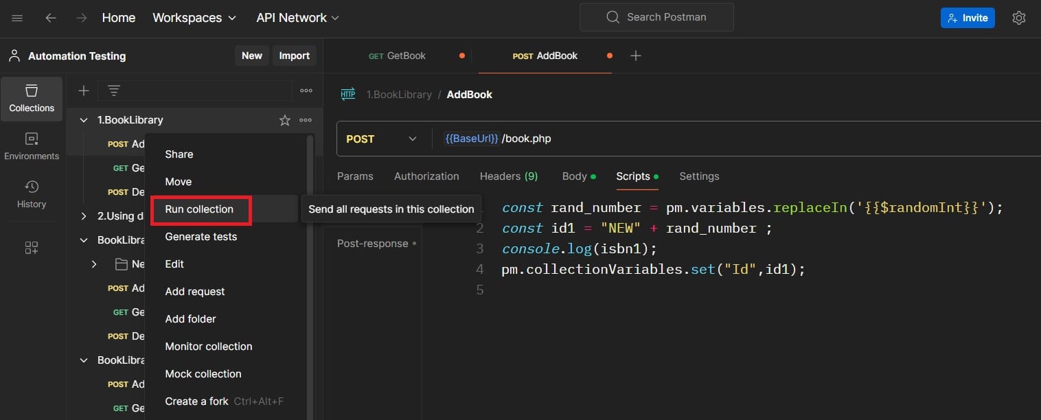 Postman API Testing with Collection Run Option Highlighted Postman interface showing an API request setup for adding a book, with the "Run collection" option highlighted in the sidebar.