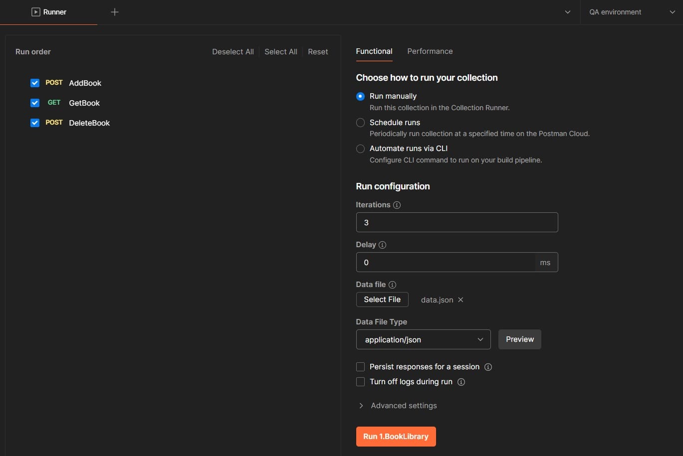 Postman Collection Runner Configuration Interface Postman Collection Runner interface with options for manual or automated runs, run configuration, and data file selection.