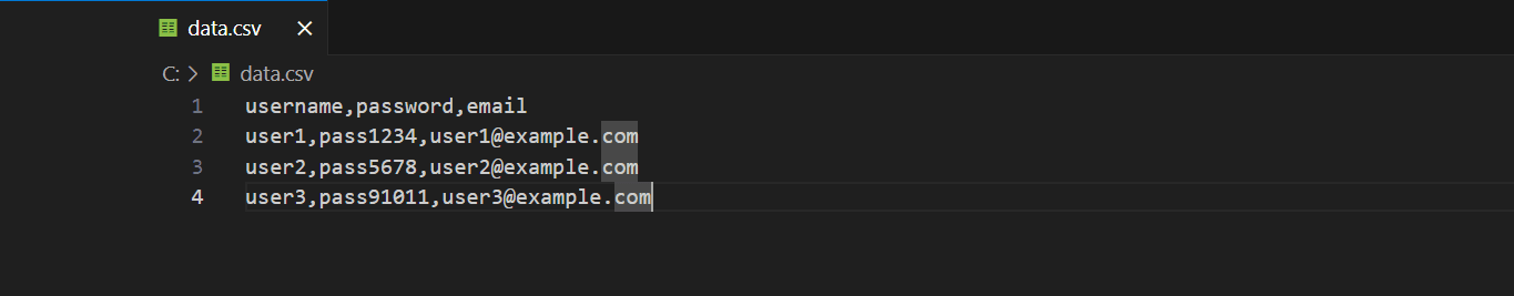 CSV File Displayed in Code Editor with User Login Details CSV file displayed in a code editor, showing user login details with columns for username, password, and email addresses.