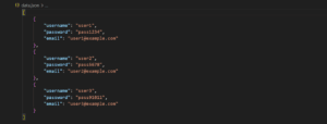 JSON file displayed in a code editor, showing user login details in a structured format with fields for username, password, and email addresses.