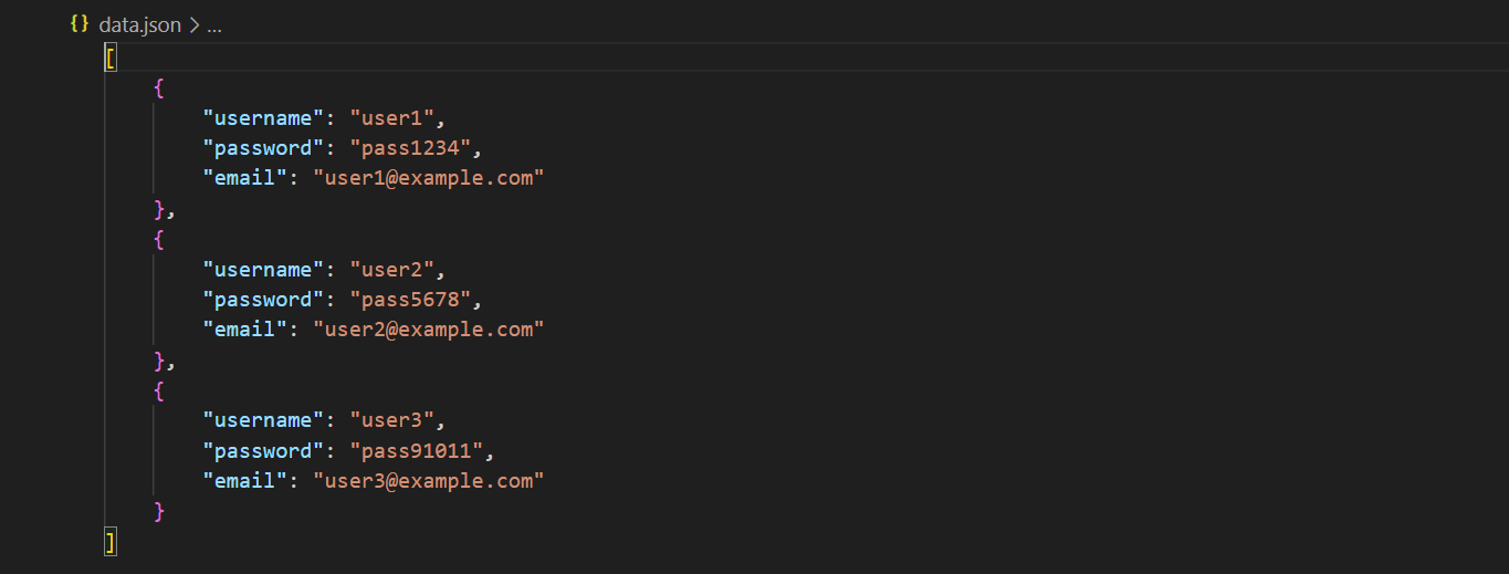 JSON File Displayed in Code Editor with User Login Details JSON file displayed in a code editor, showing user login details in a structured format with fields for username, password, and email addresses.