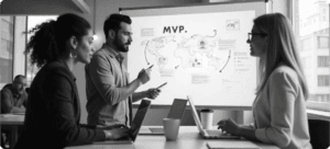 Team of professionals discussing MVP strategy in a modern office, using laptops and a presentation board with a world map diagram.