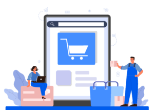 Illustration of people interacting with a large online shopping interface, symbolizing modern e-commerce and digital retail platforms.