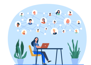 Illustration of a woman at a laptop with a network of connected user avatars above, representing multi-level marketing systems.
