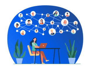 Woman working on laptop at desk, connected to diverse global network of people, symbolizing online communication and teamwork.